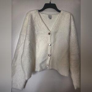 Cozy Winter White Fuzzy Sweater With Gold Buttons